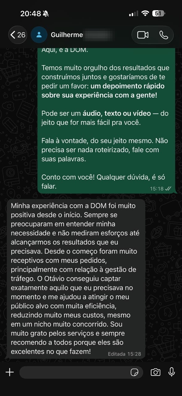 Print da conversa no WhatsApp com Guilherme, do Carro Usado Orlando, sobre a experiência com a DOM