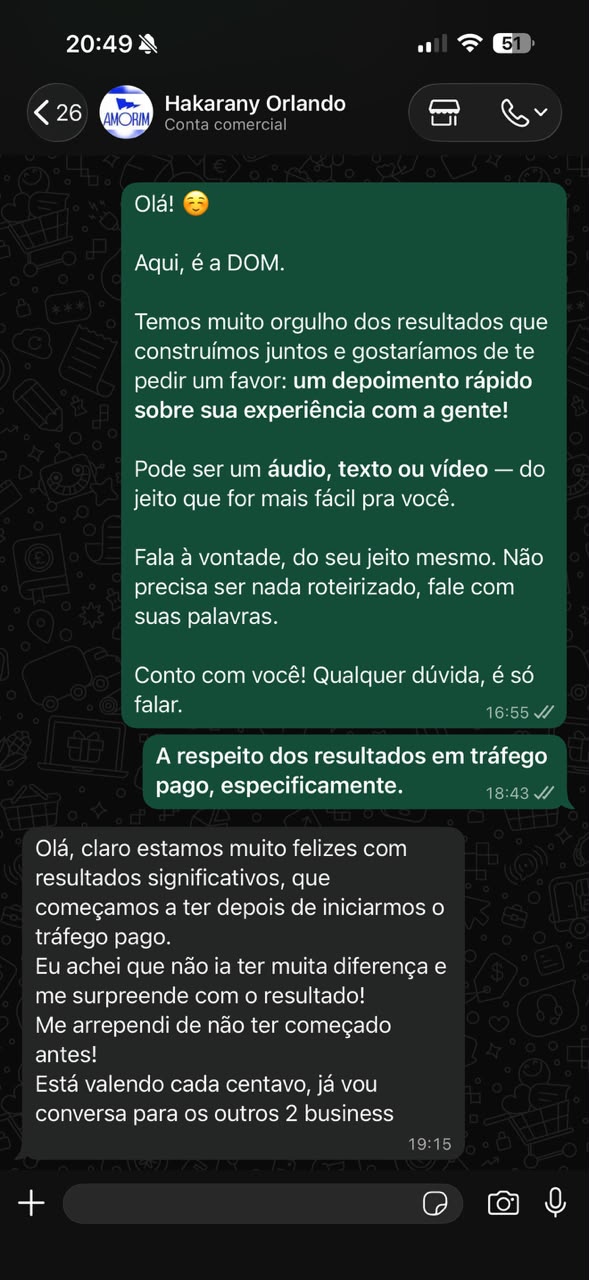 Print da conversa no WhatsApp com Hakarany, da Amorim Pizzas, contando o resultado depois de iniciar o tráfego pago